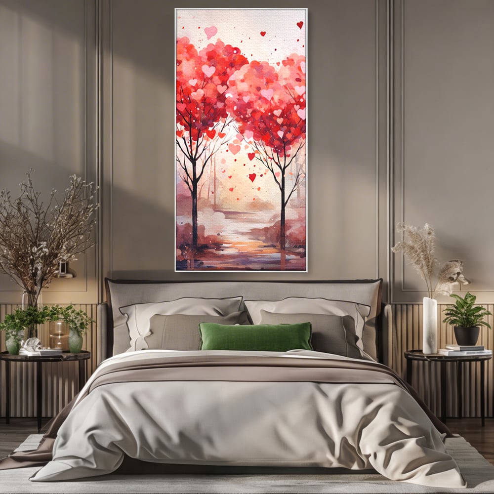 Tablou canvas cu tablou canvas cu doi copaci in forma de inimi, in rama de aluminiu argintiu, pe perete intr-un dormitor